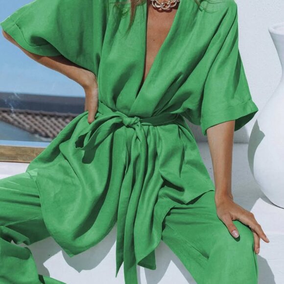 Oversized Linen Tied Two Piece Pants set Green - Picture 4 of 4
